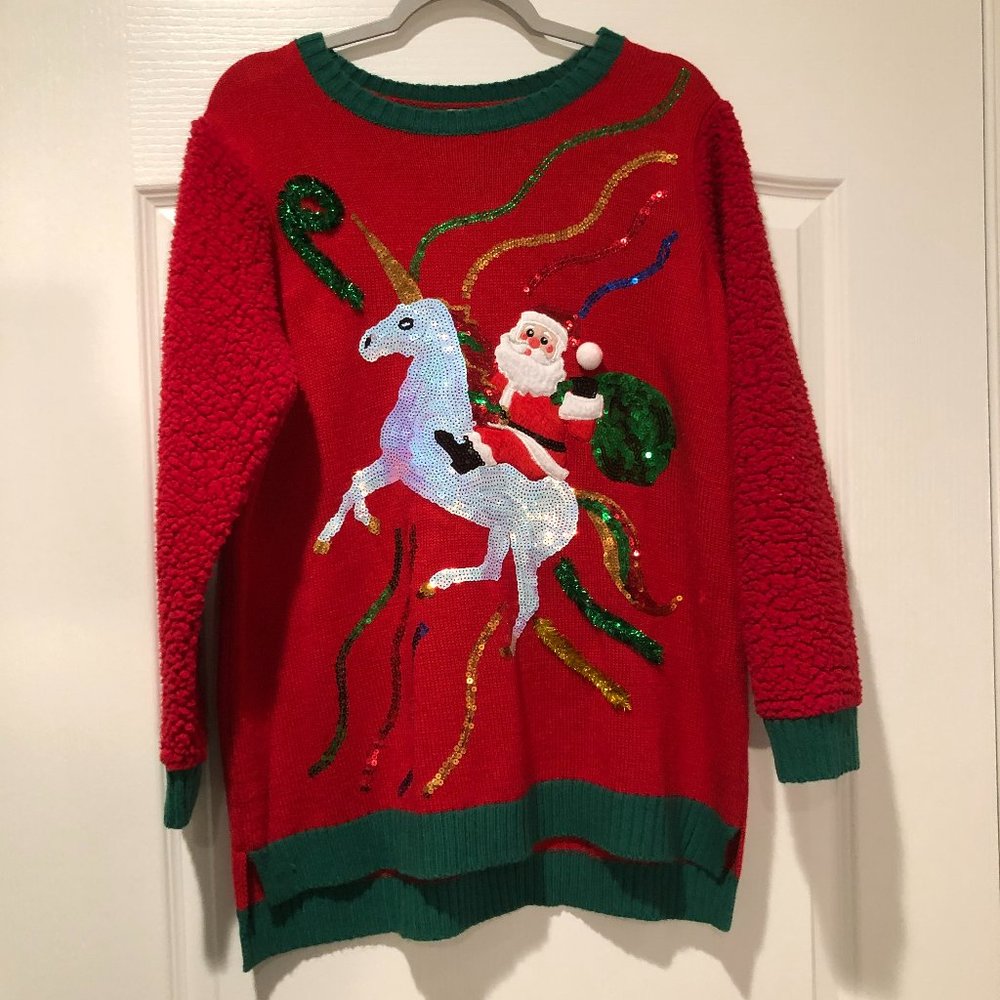 Holiday Time Christmas Sequin Womens Plush Sleeves Sweater Size 14W